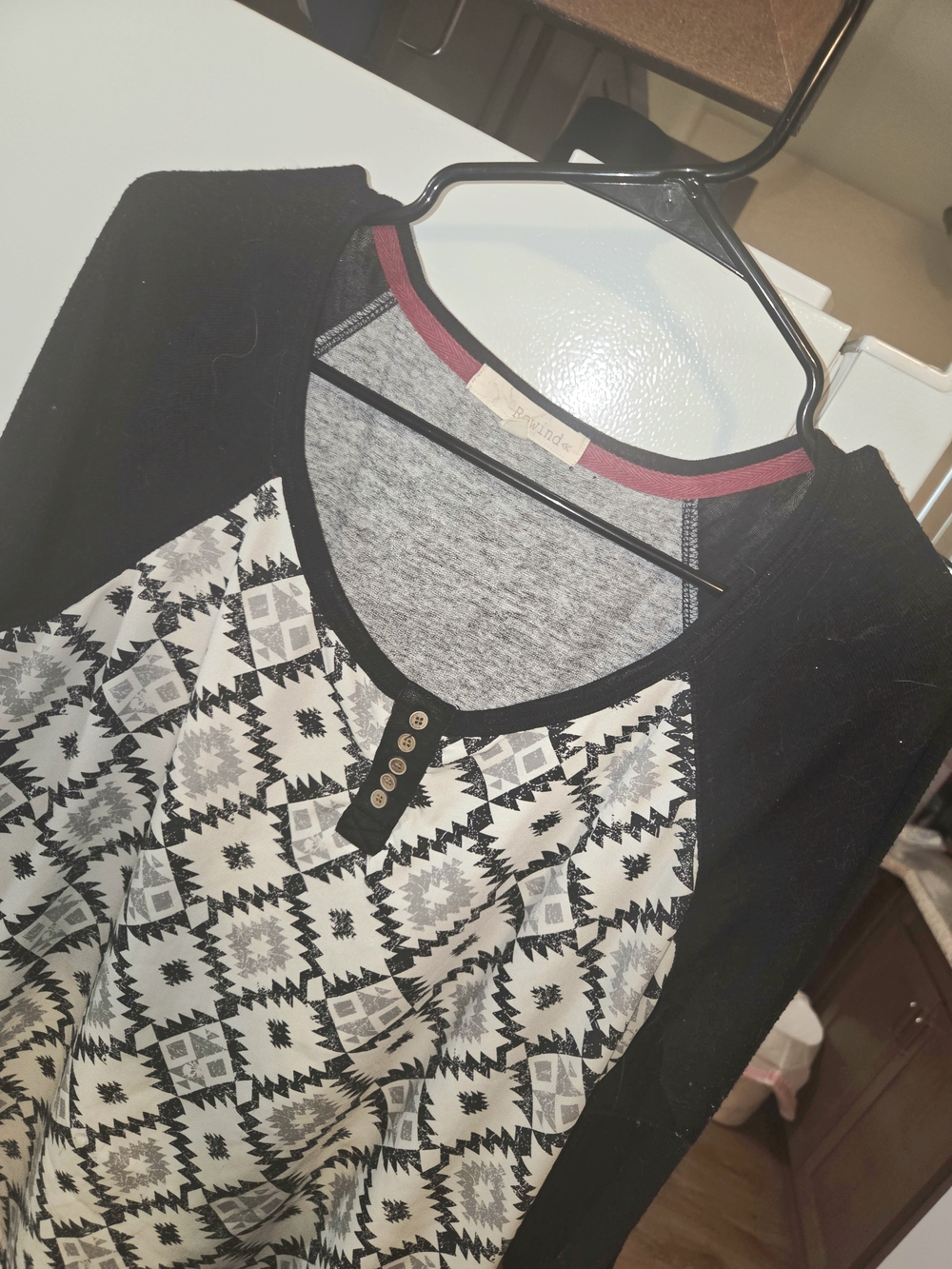 Rewind Black and White Aztec Print Raglan Top